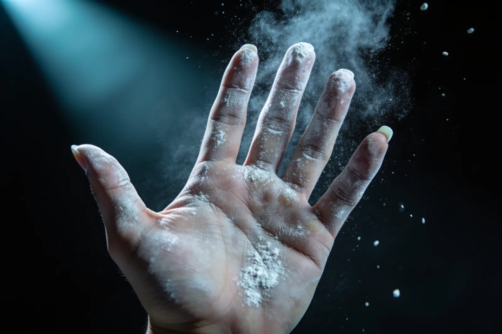 Chalk on an open palm, caught in a shaft of light.