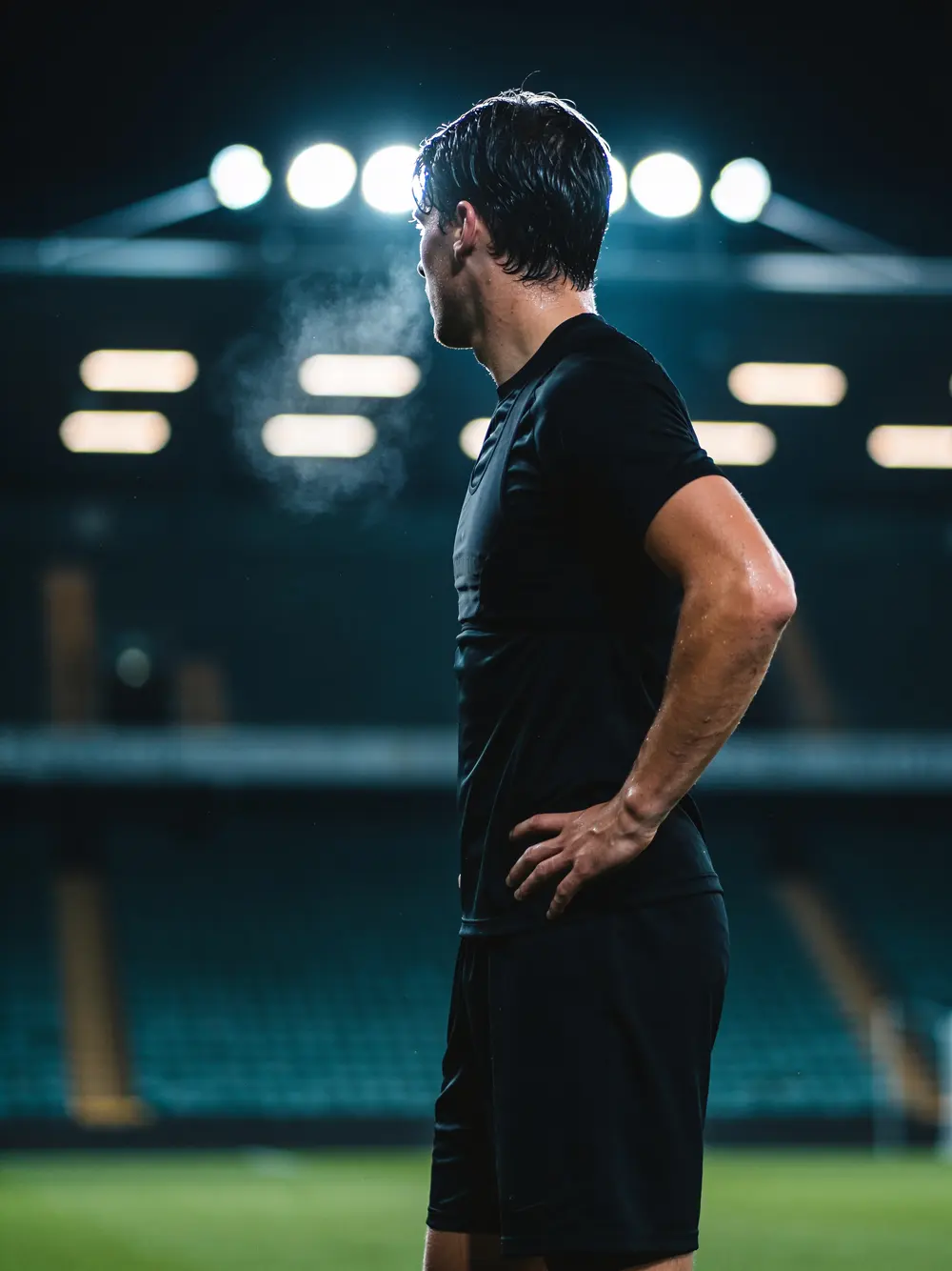 A footballer alone on a floodlit pitch at night, catching breath.
